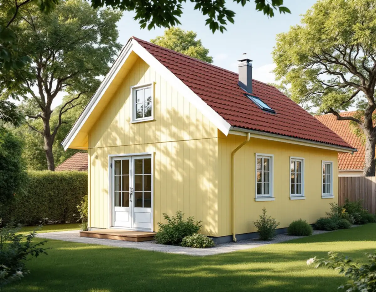 Litet trähus med ljusgul panel och sadeltak bakom en äldre villa i en lummig trädgård
