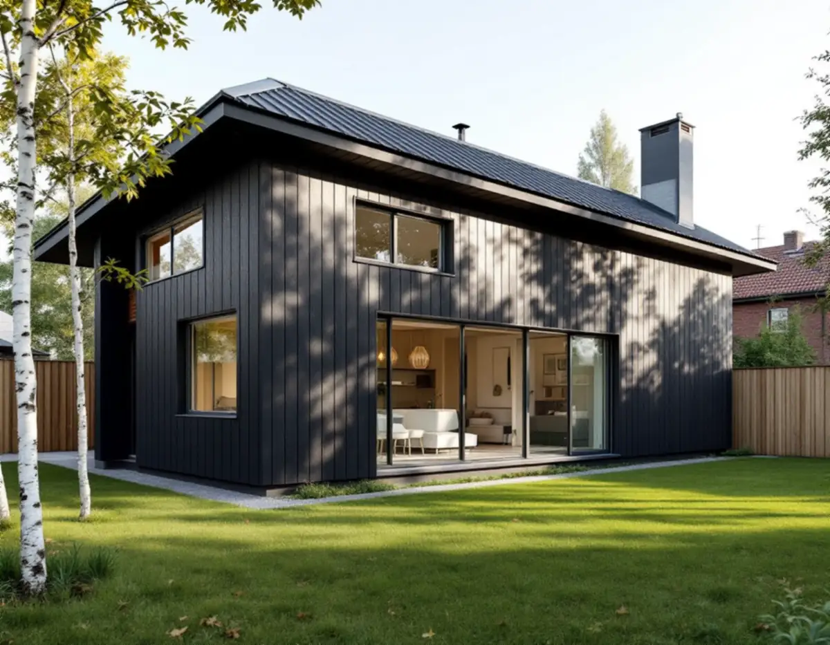 Nybyggt litet hus med mörkgrå träpanel och pulpettak på en villatomt med gräsmatta