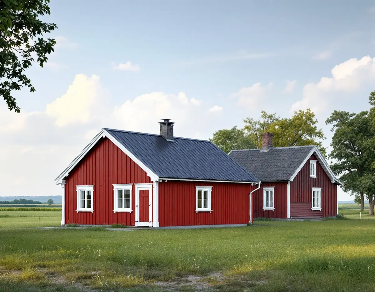 Litet rödmålat trähus med vita knutar på en gräsyta vid en äldre gård med åkermark bakom