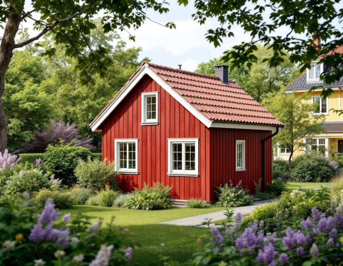 Litet gårdshus med röd träpanel och sadeltak längst in i en lummig trädgård bakom en äldre villa