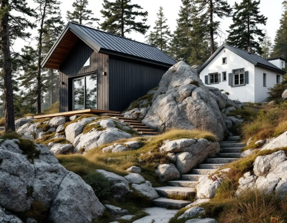 Nybyggt gårdshus med mörk träpanel på en bergig tomt nedanför en äldre villa
