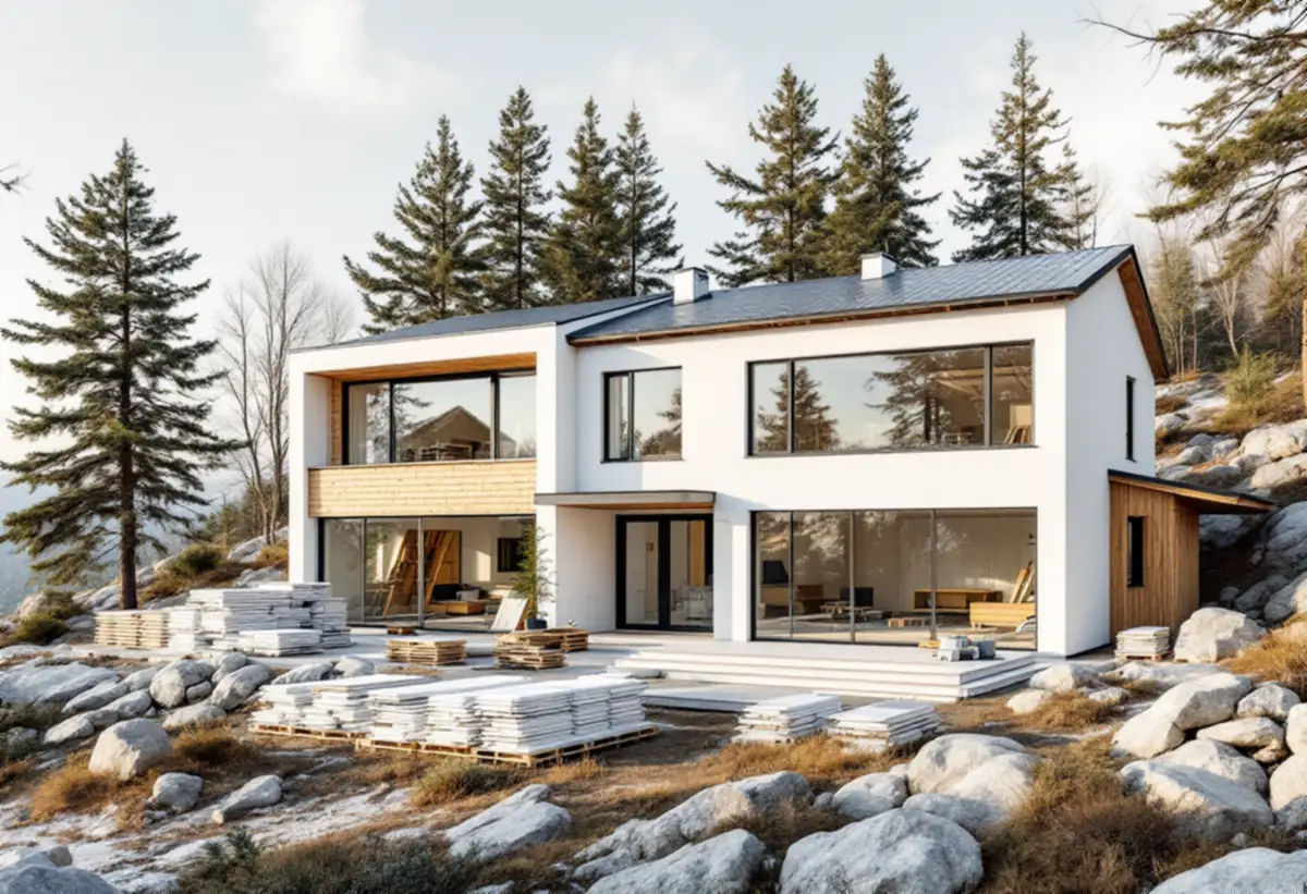 Nybyggd villa och ett mindre trähus under uppförande på samma tomt