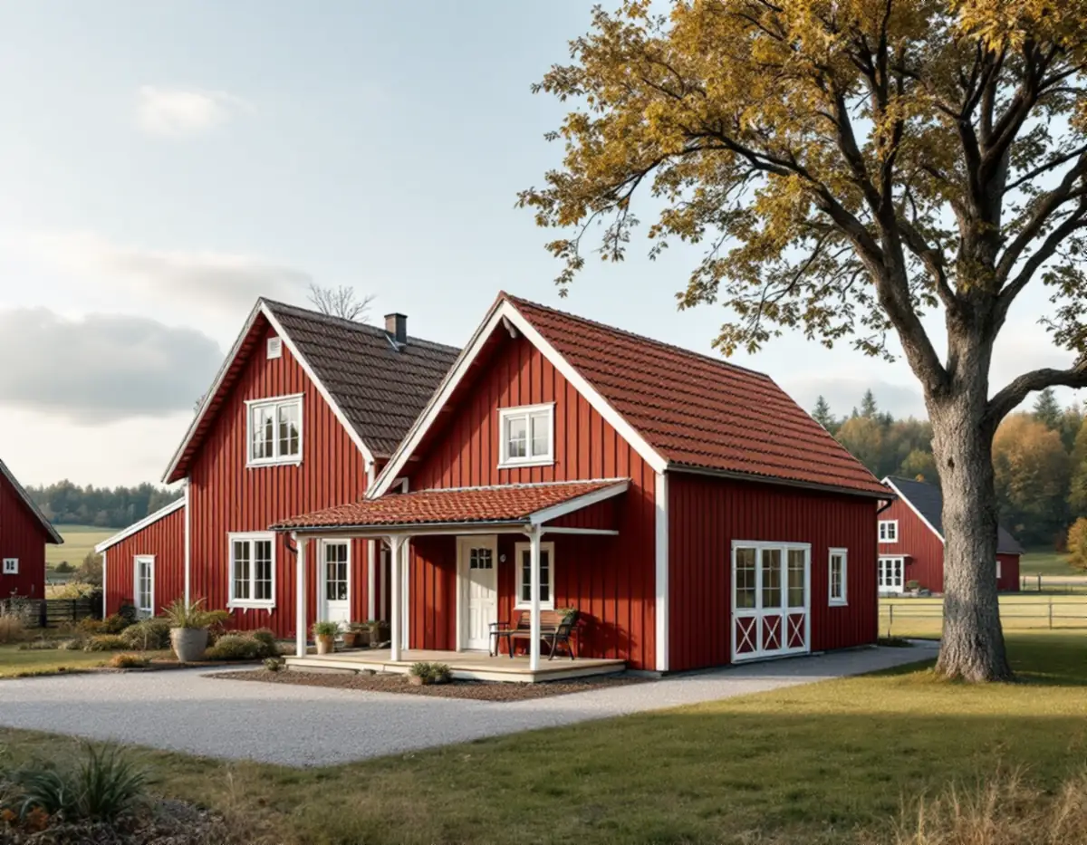 Litet rödmålat gårdshus med vita knutar bredvid äldre uthus i ett öppet odlingslandskap