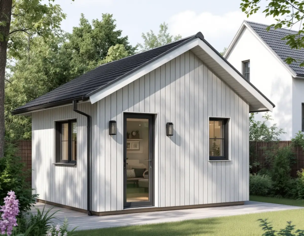 Litet gårdshus med stående panel bakom en äldre villa i en villastad