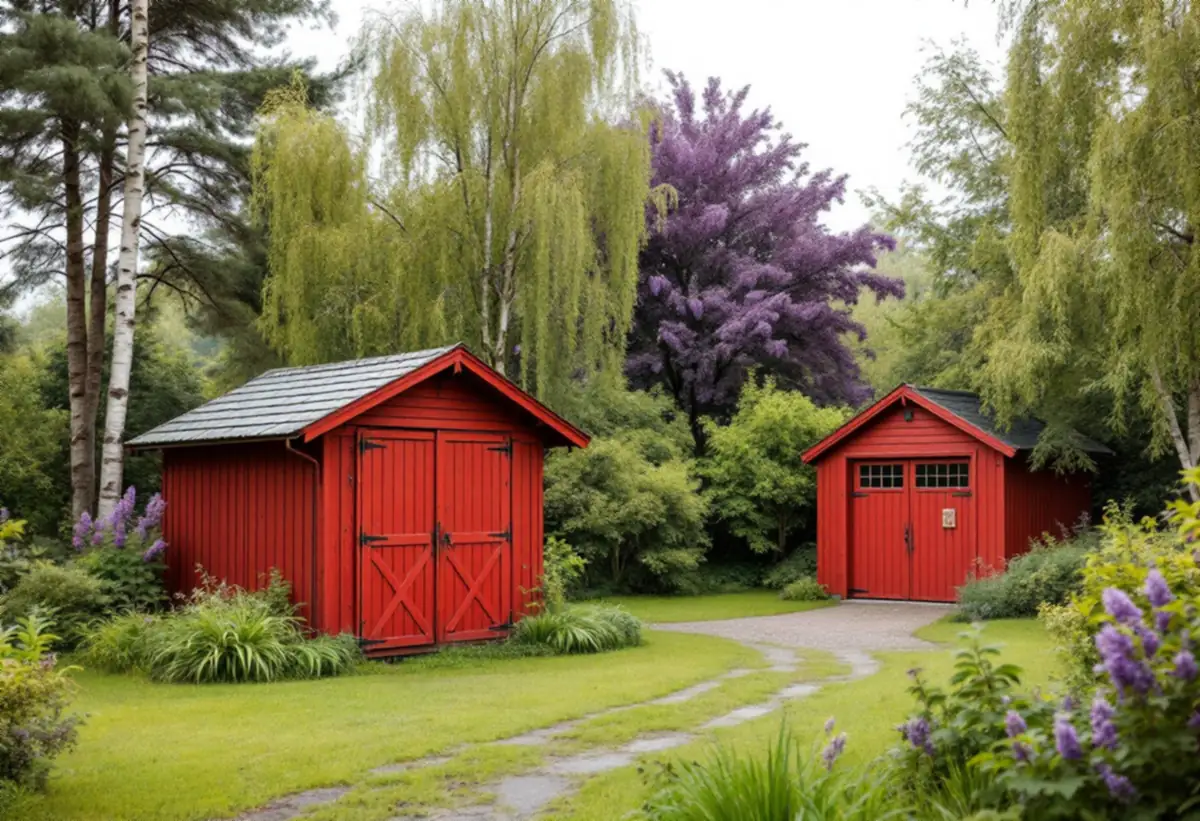 Äldre förråd och garage längst in på en villatomt