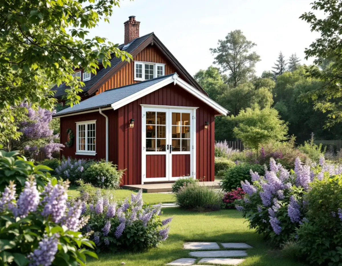 Litet gårdshus i trä långt in på en lummig tomt bakom en äldre villa