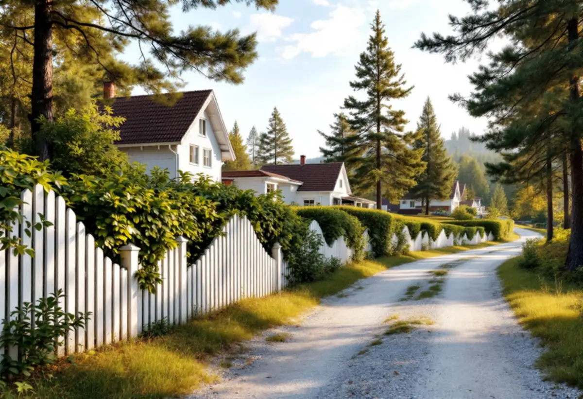 Spjälstaket och häck mot en grusväg i ett villaområde