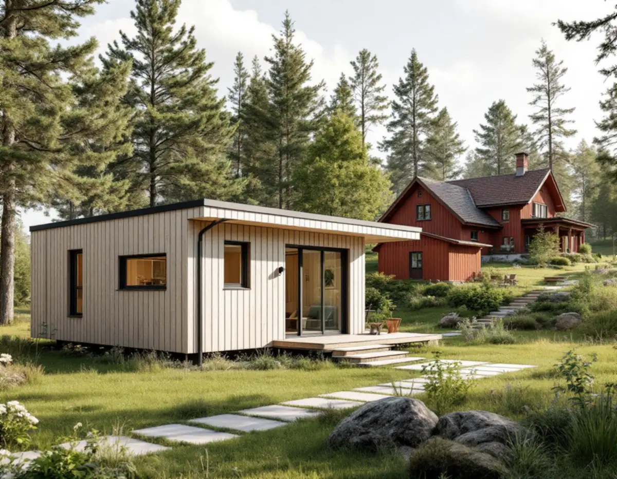 Nytt gårdshus med pulpettak på en tomt bredvid ett äldre uthus