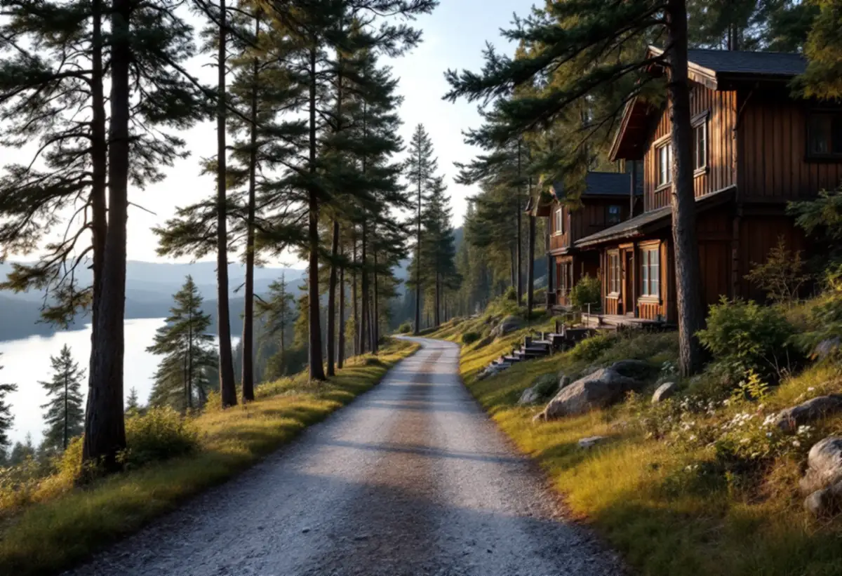 Grusväg längs en sluttning med äldre villor och höga tallar