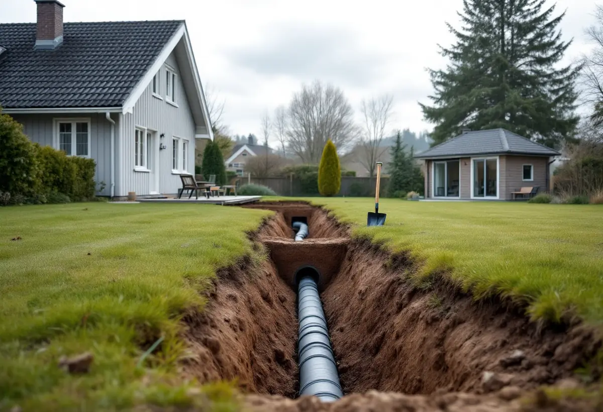 Rensbrunn och nya rör i ett schakt mellan villa och gårdshus