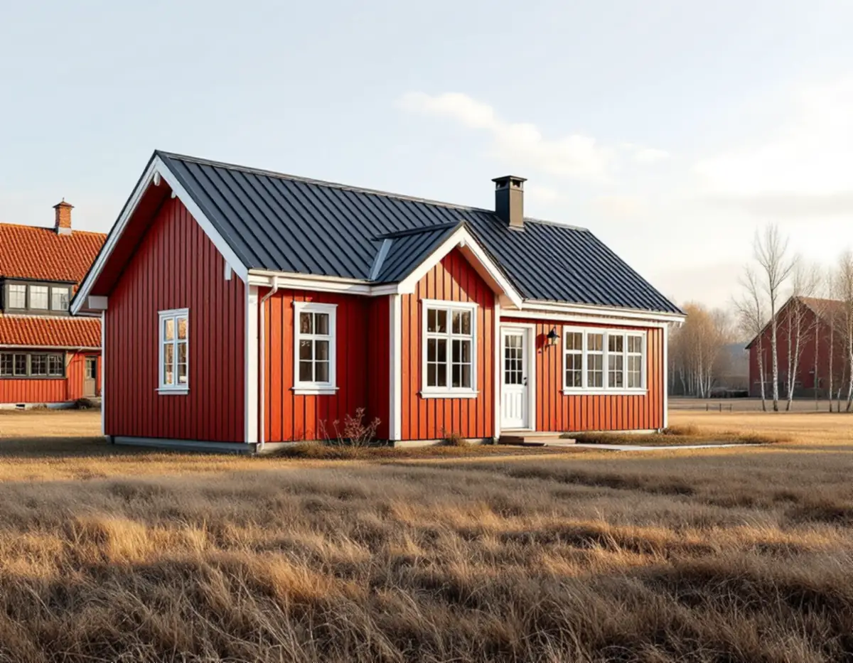 Litet rödmålat trähus med vita knutar och svart plåttak på en gårdstomt intill en åker