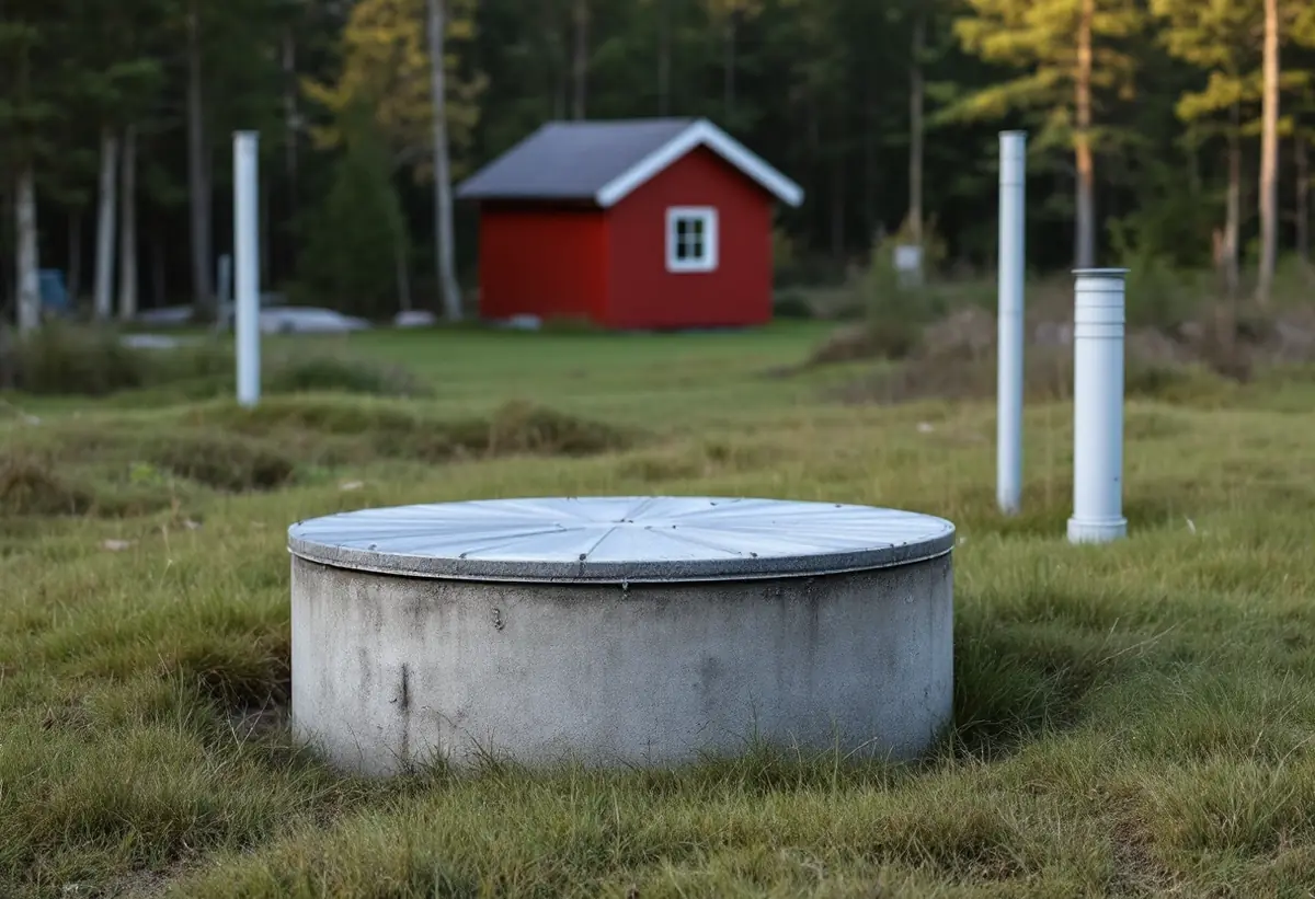 Brunnslock av betong och en markbädd med luftningsrör på en lantlig tomt