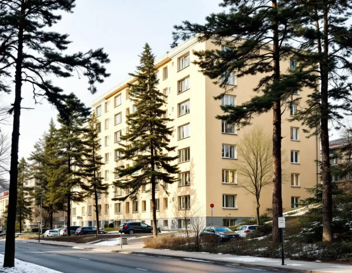 Ljust putsat bostadshus i funkisstil bland höga tallar på Kungsholmen