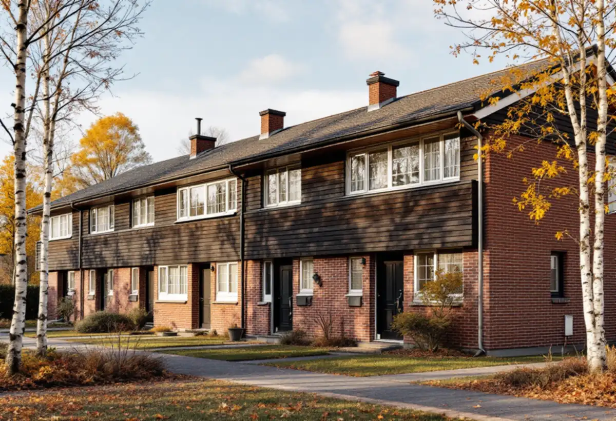 Rad av radhus från 1970-talet med tegel och träpanel längs en gångväg