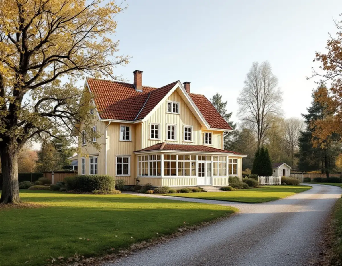 Gul trävilla med glasveranda, rött tegeltak och stor trädgård i Älvsjö