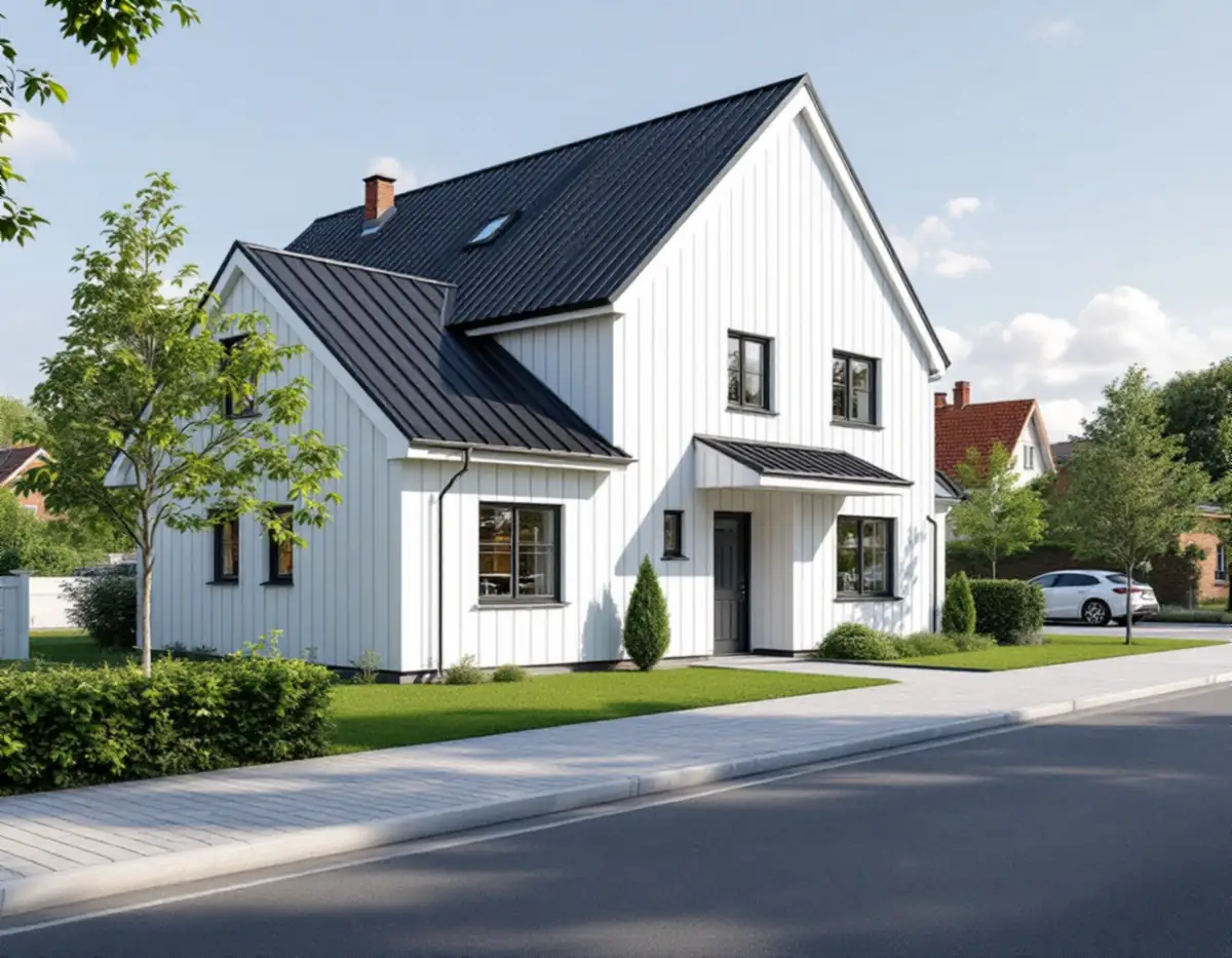 Nybyggd vit villa vid en lugn villagata i Botkyrka