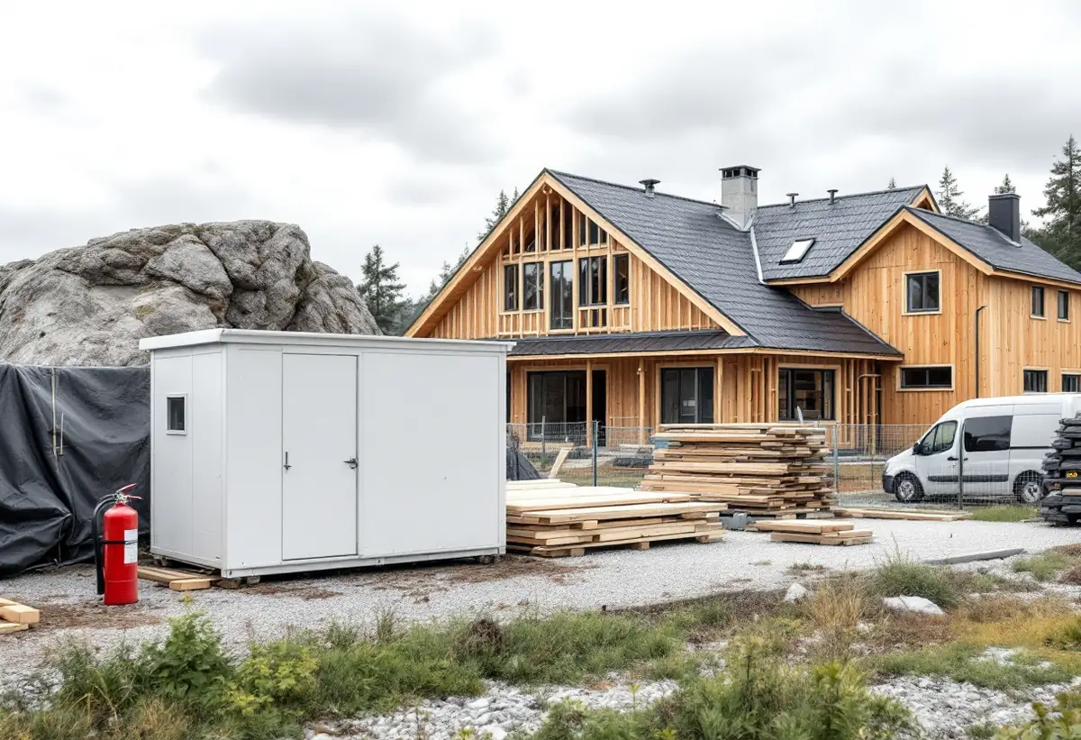 Byggarbetsplats med bod, container och upplag vid ett nytt hus