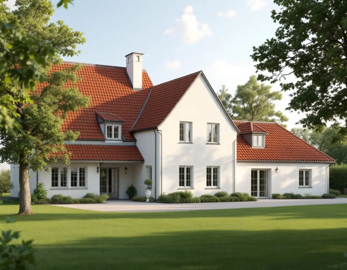 Stor ljus villa i Danderyd med en lägre tillbyggnad mot trädgården och höga ekar