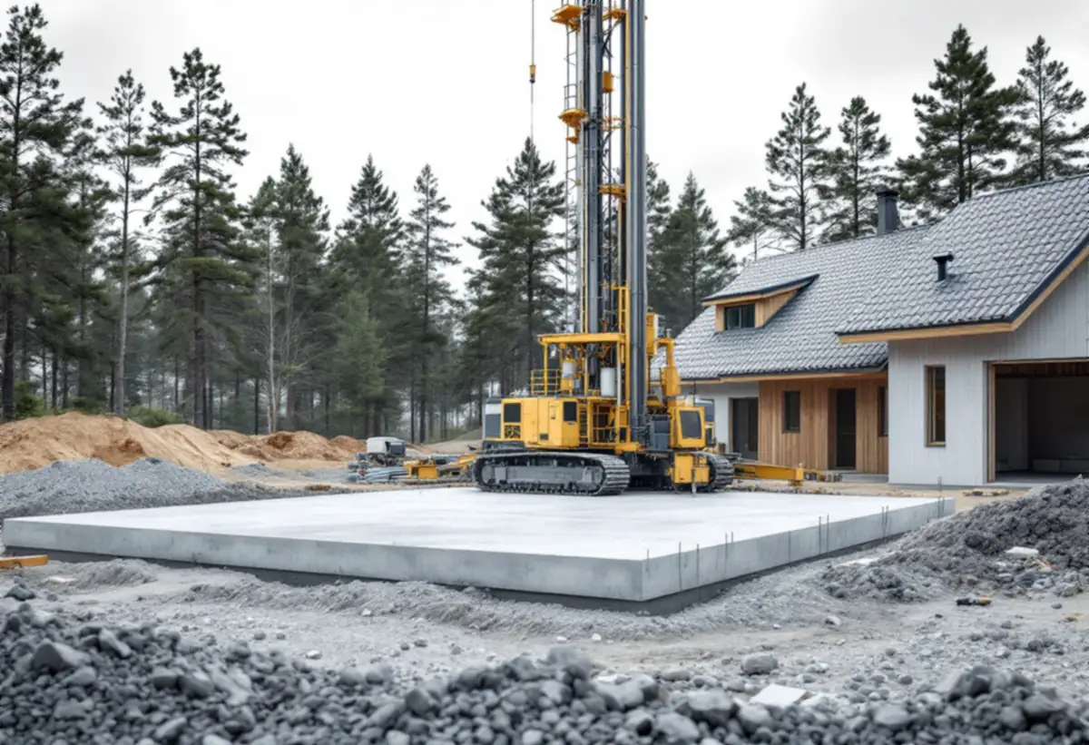 Borrigg på en nygjuten grundplatta bredvid ett nytt hus bland tallar