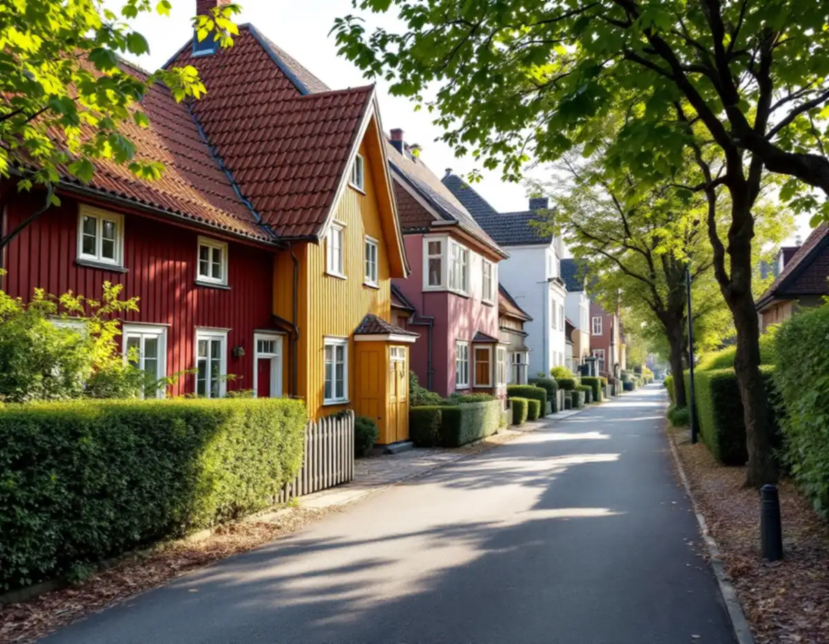 Smal gata med häckar, gatuträd och trähus med branta tegeltak i Enskede