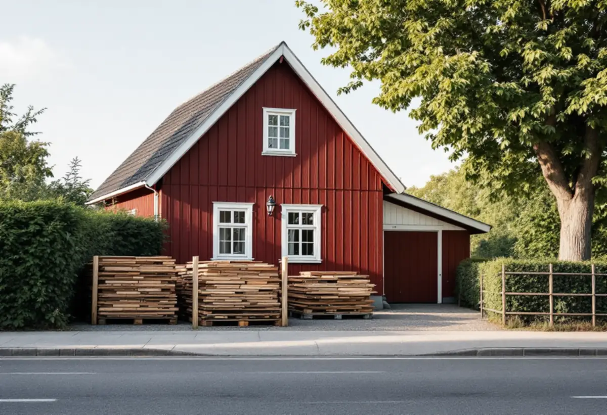Staplat byggvirke på pallar framför ett rött trähus vid gatan, med ett stort gatuträd