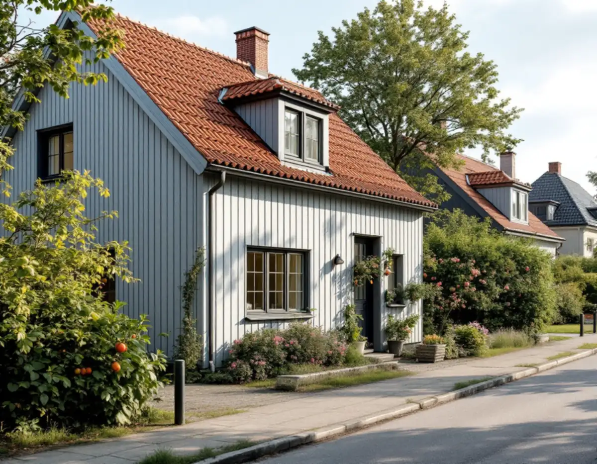Liten trävilla med tegeltak i ett småstugeområde