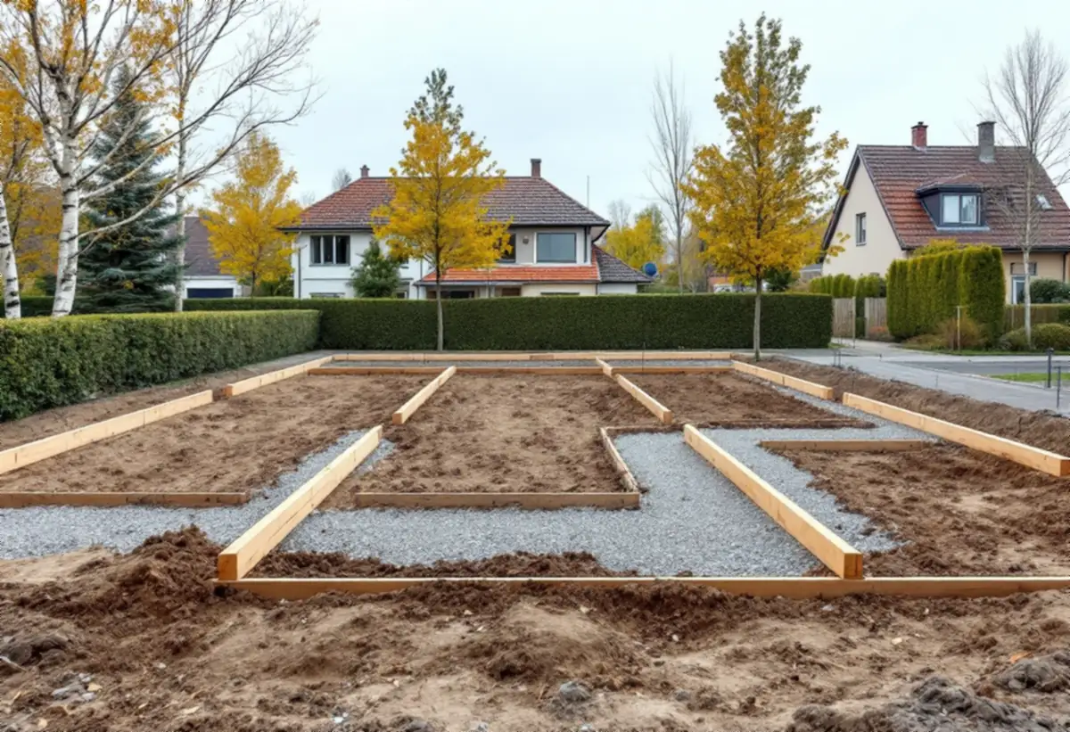 Röjd villatomt med träreglar som markerar det nya husets grund mellan grannvillor