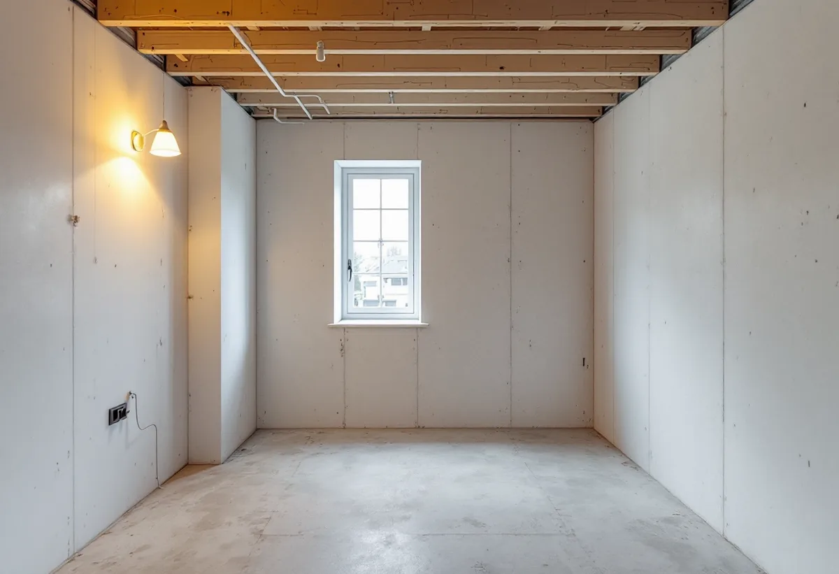 Källarplan under ombyggnad till egen bostad med nya väggar av gips