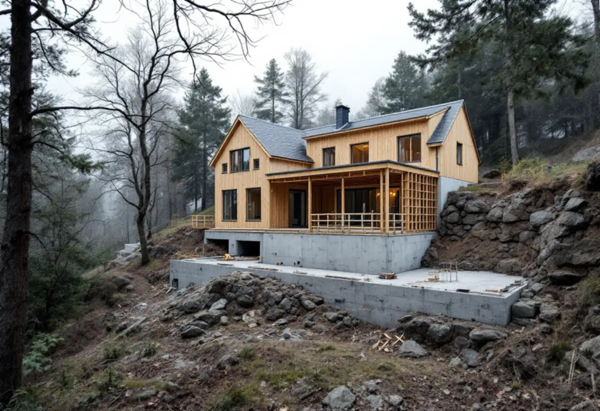 Grund för tillbyggnad på berg vid en villa på Lidingö