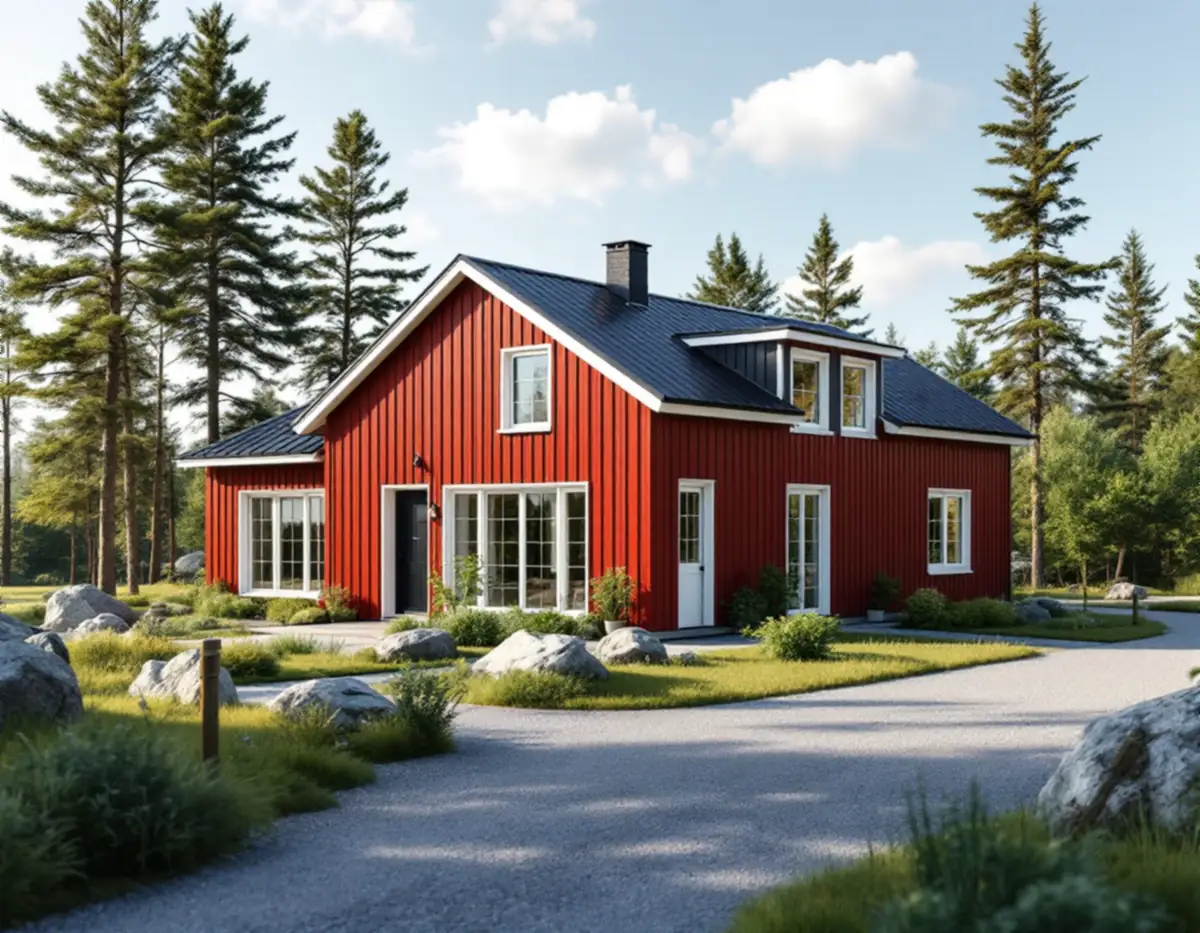 Nybyggt rödmålat trähus på en tomt med berghällar och tallar i Norrtälje kommun