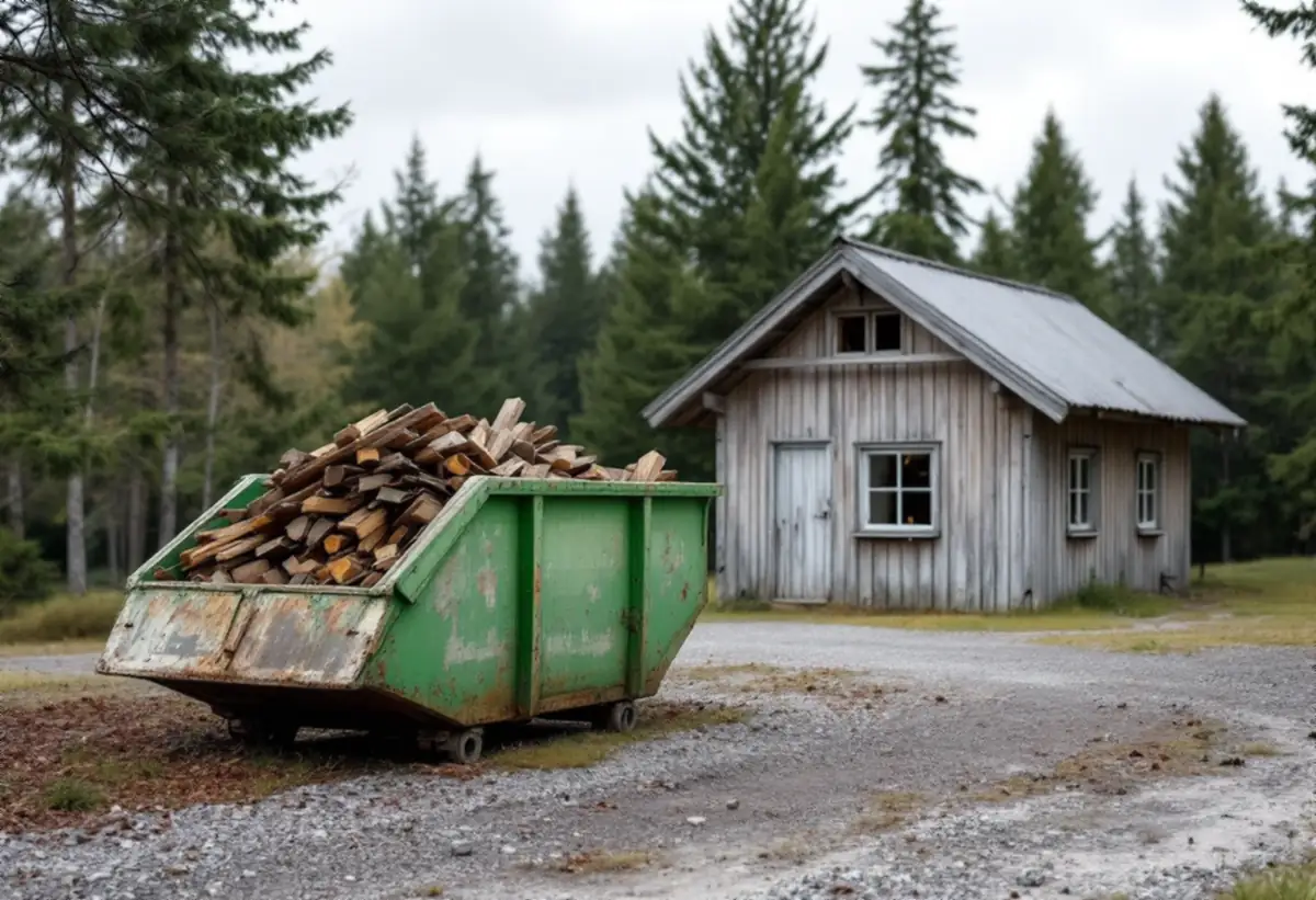 Container med rivningsvirke på grusplanen vid en äldre stuga som ska rivas