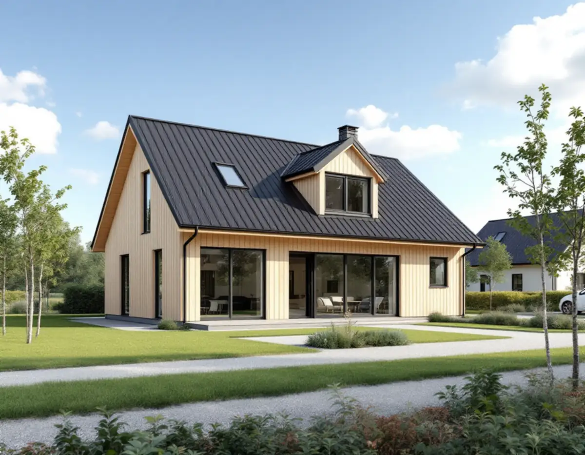 Nybyggt hus i ljust trä med svart plåttak, takkupa och unga björkar på en ny villatomt