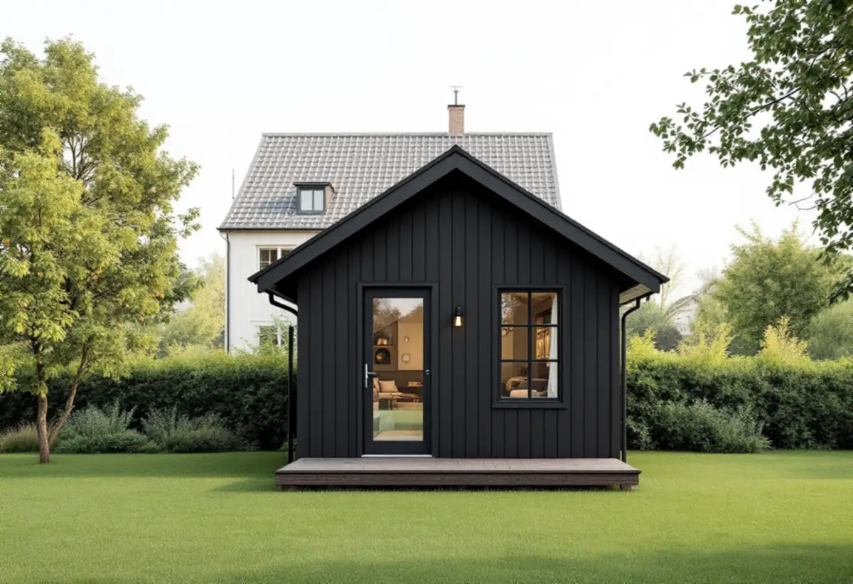 Litet svart gästhus i trä med glasdörr och trädäck i trädgården framför en vit villa