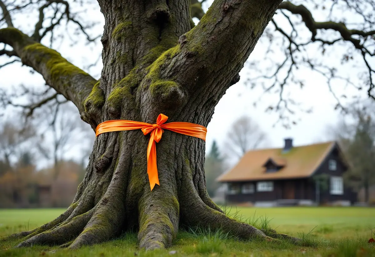 Grov trädstam märkt med ett orange band i en villaträdgård