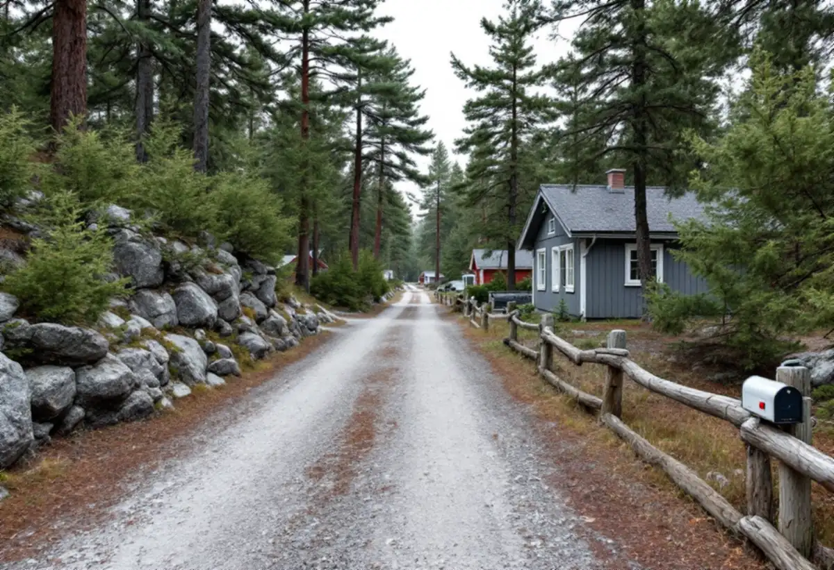 Smal grusväg genom ett fritidshusområde med tallar och berghällar