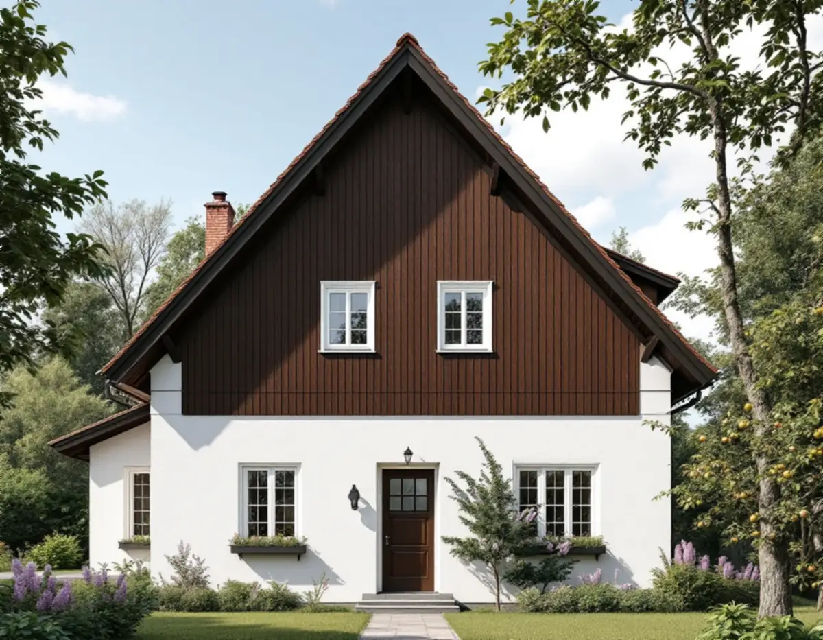 Villa med vit putsad bottenvåning och panelklädd gavel