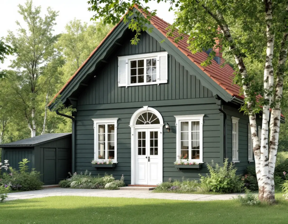 Nationalromantisk villa med mörkgrön panel och vita fönsterfoder