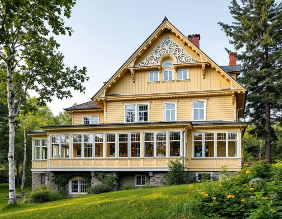 Äldre trävilla med glasveranda, utsågade gavelsnickerier och ljusgul liggande panel i en trädgård i sluttning