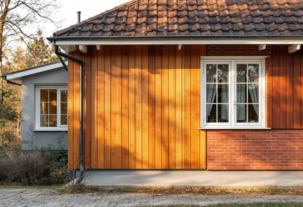 Nymålad panel bredvid omålat tegel på ett kedjehus