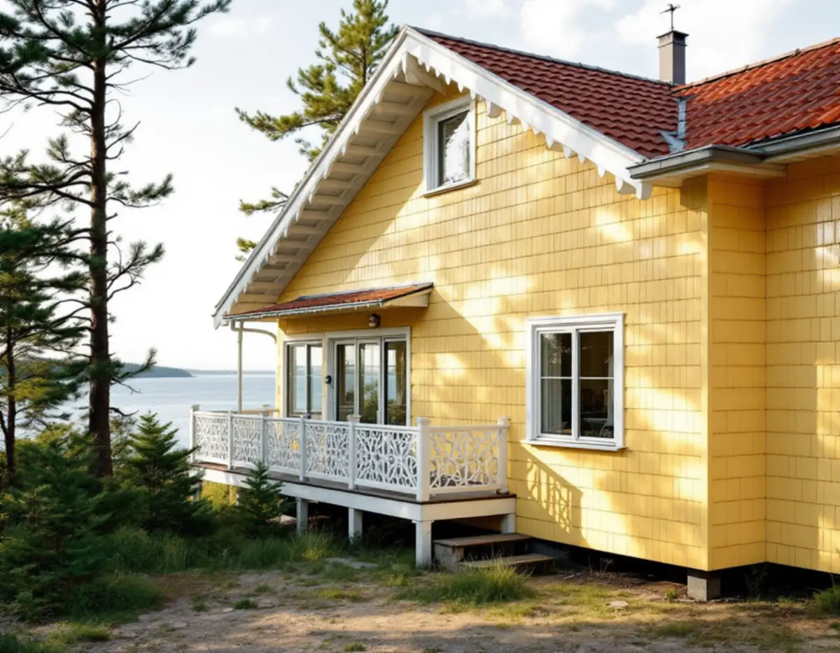Sommarvilla med gul fasspontpanel och glasveranda vid vattnet