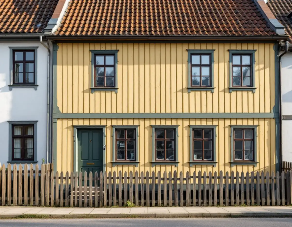 Äldre trähus i Sigtunas stadskärna med ljusgul oljemålad panel mot gatan och grågröna knutar