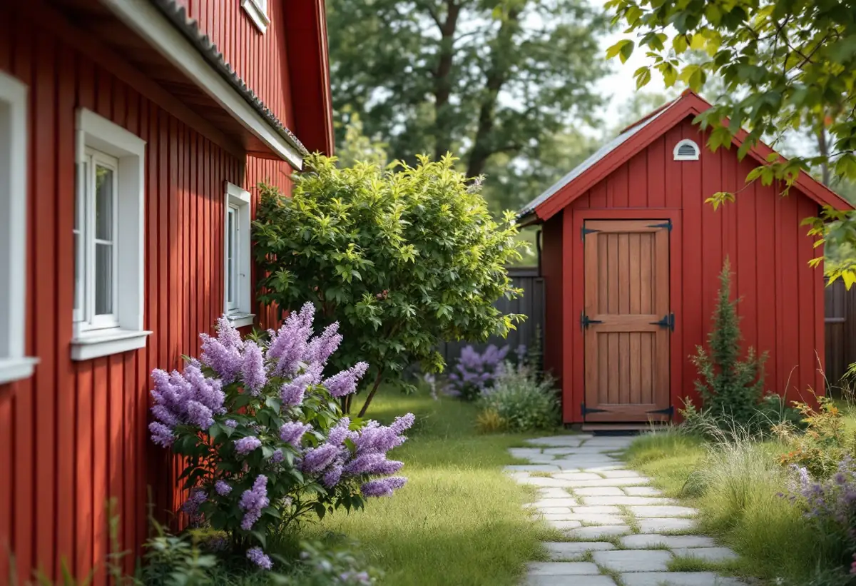 Gårdssida av ett gammalt trähus med matt rödfärgad panel och ett rödfärgat uthus på en innergård