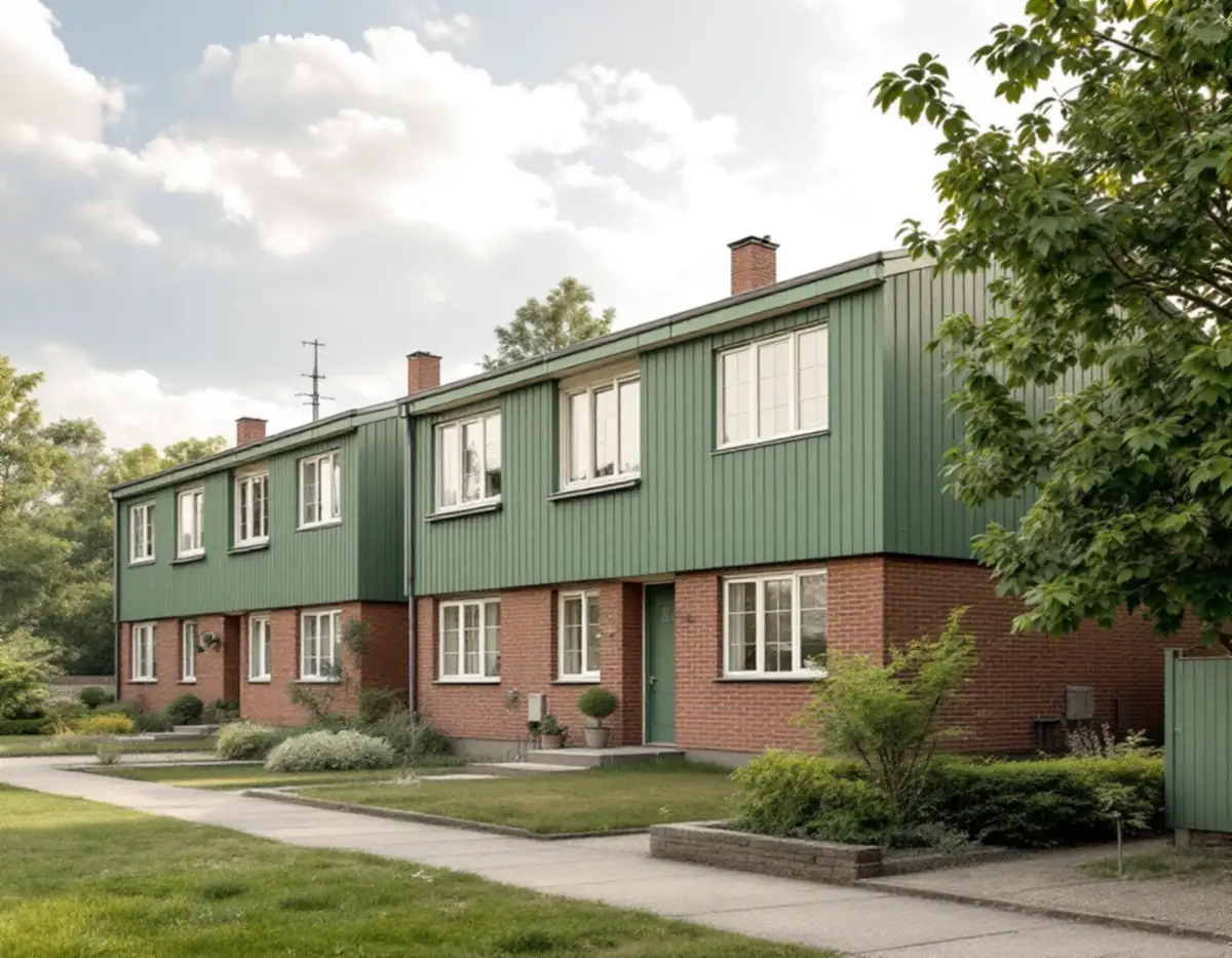 Radhus från 1960-talet med tegel och målad träpanel i samma kulör