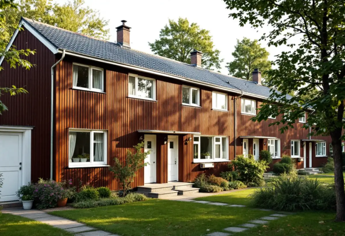 Husgrupp med kedjehus i enhetlig färgsättning