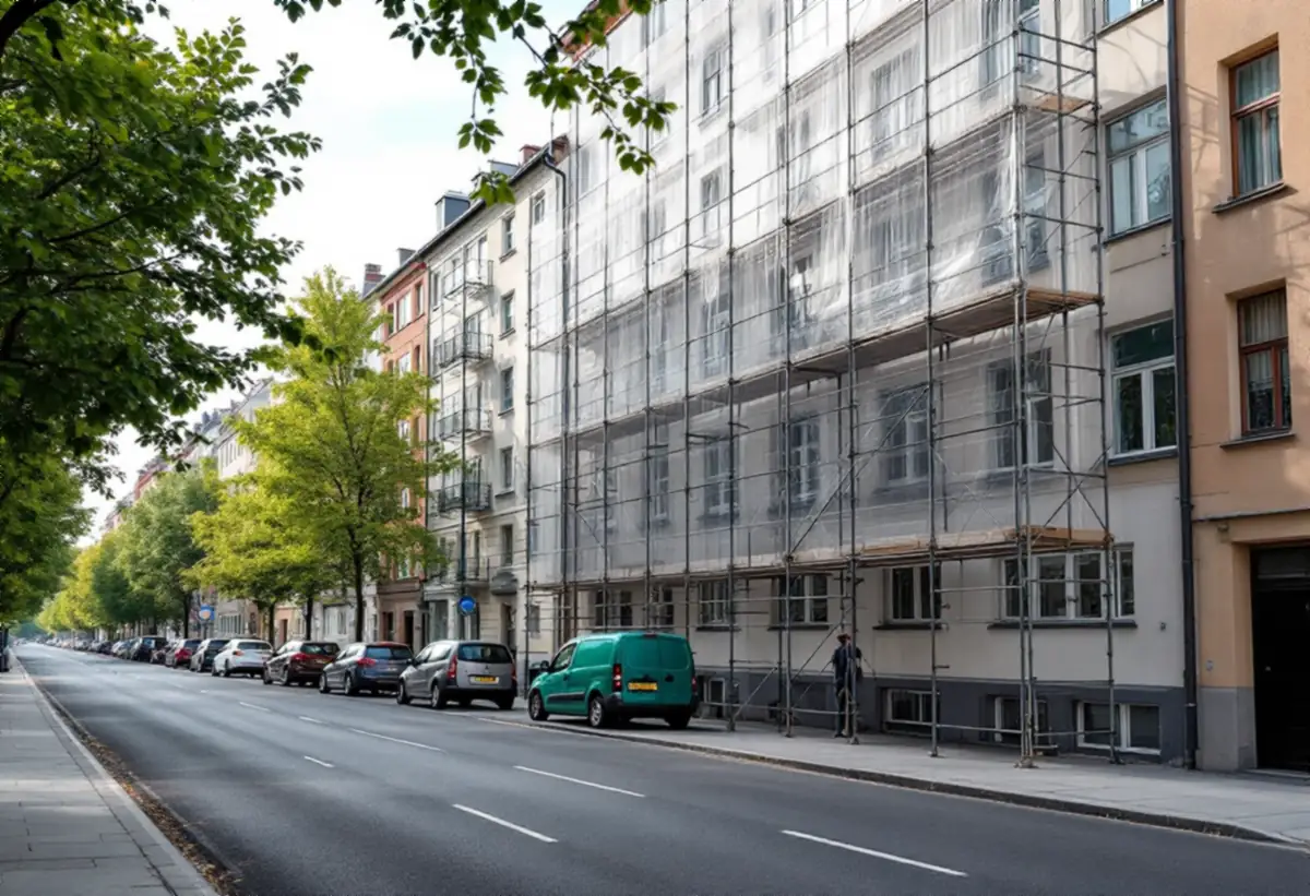 Byggnadsställning med väderskydd framför en putsfasad
