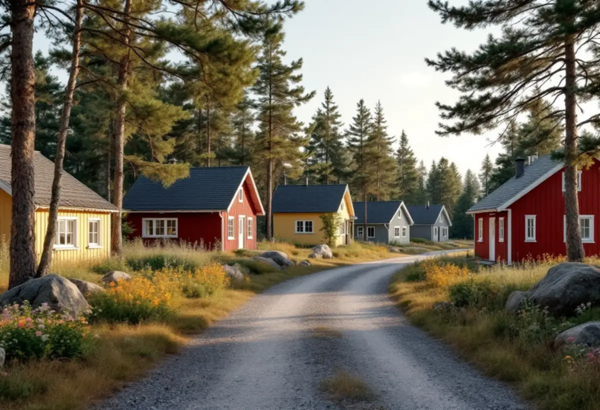 Grusväg i ett gammalt fritidshusområde med ommålade trähus bland tallar