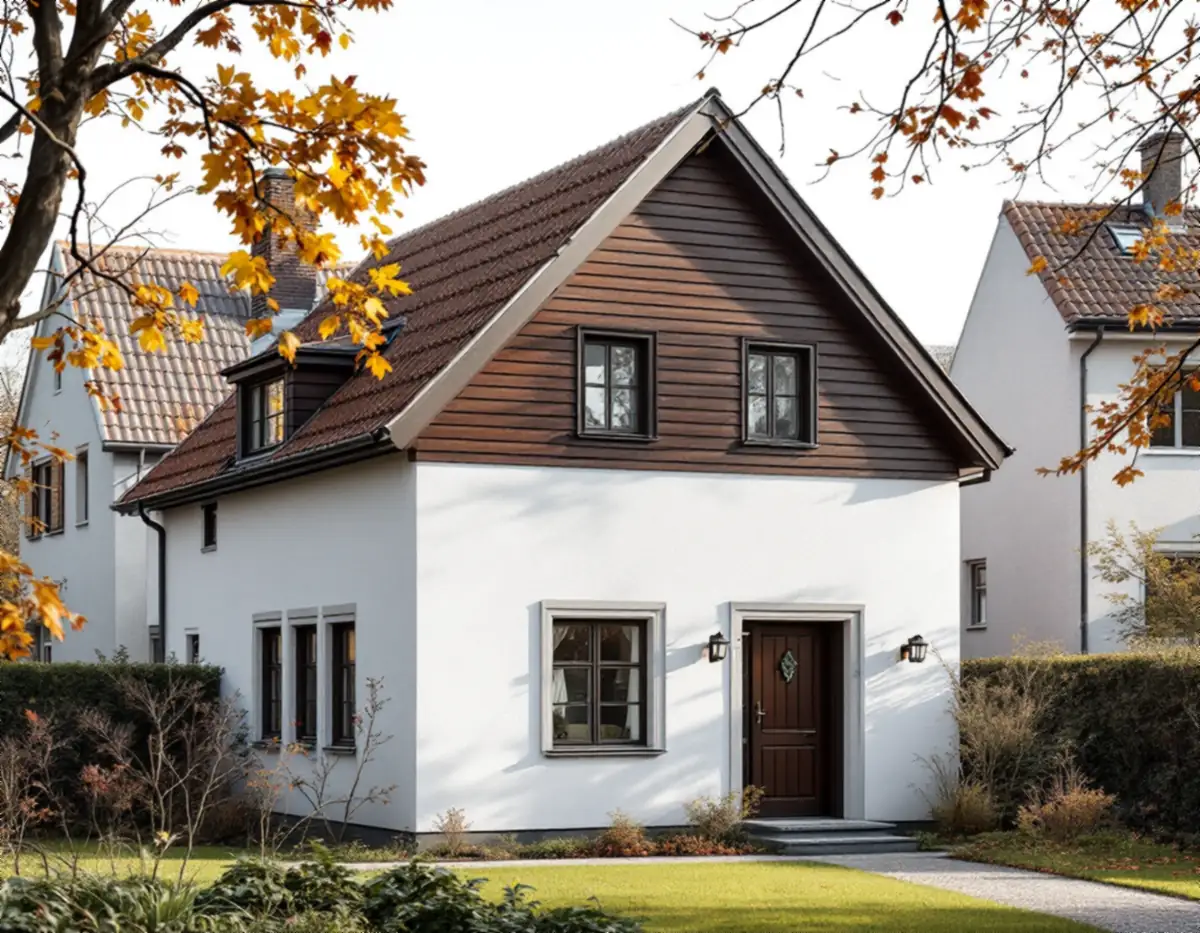 Villa med vitputsad bottenvåning och brun liggande träpanel i gaveln i Älvsjö