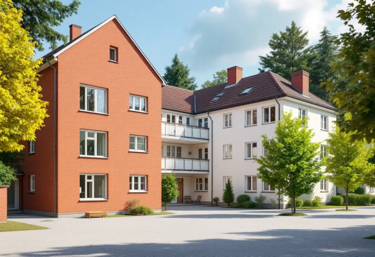 Lamellhus med tegelgavel och putsad långsida
