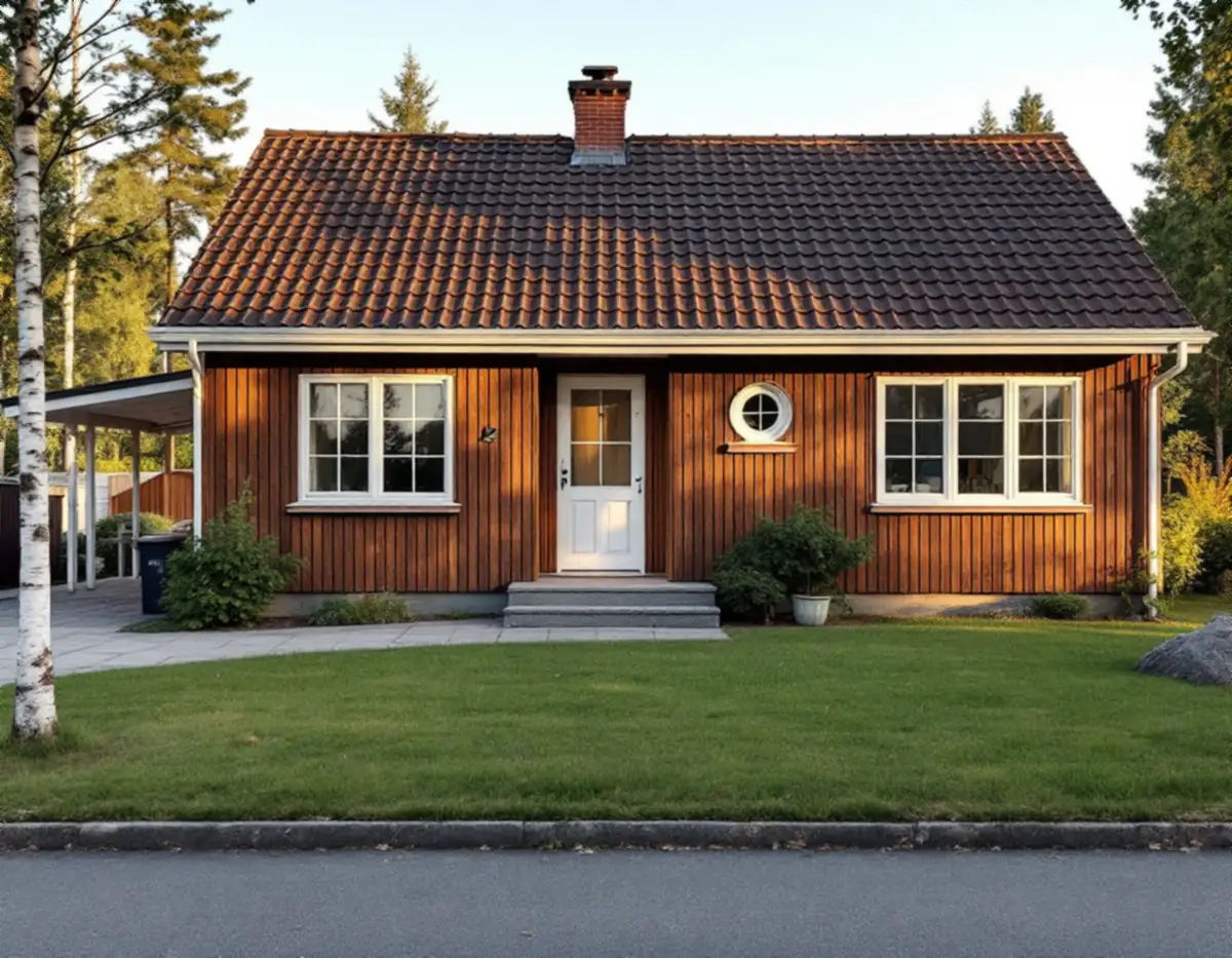 Enplansvilla från 1960-talet med brunbetsad träpanel i Stenhamra