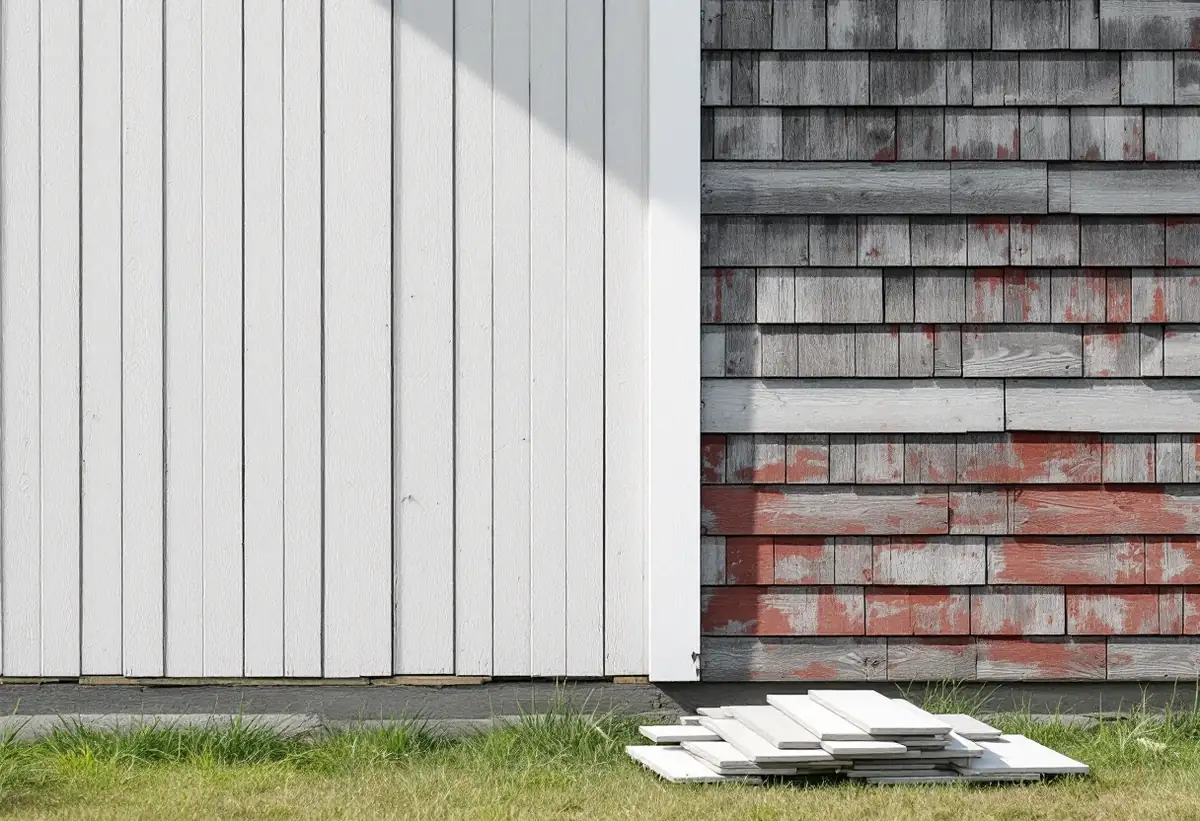 Hörn av ett trähus där den yttre panelen tagits ner och en äldre panel syns under
